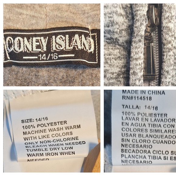 Coney Island Marled Black White Hoodie Fleece Lined Kids 14-16 Zip Sweatshirt - Picture 4 of 8